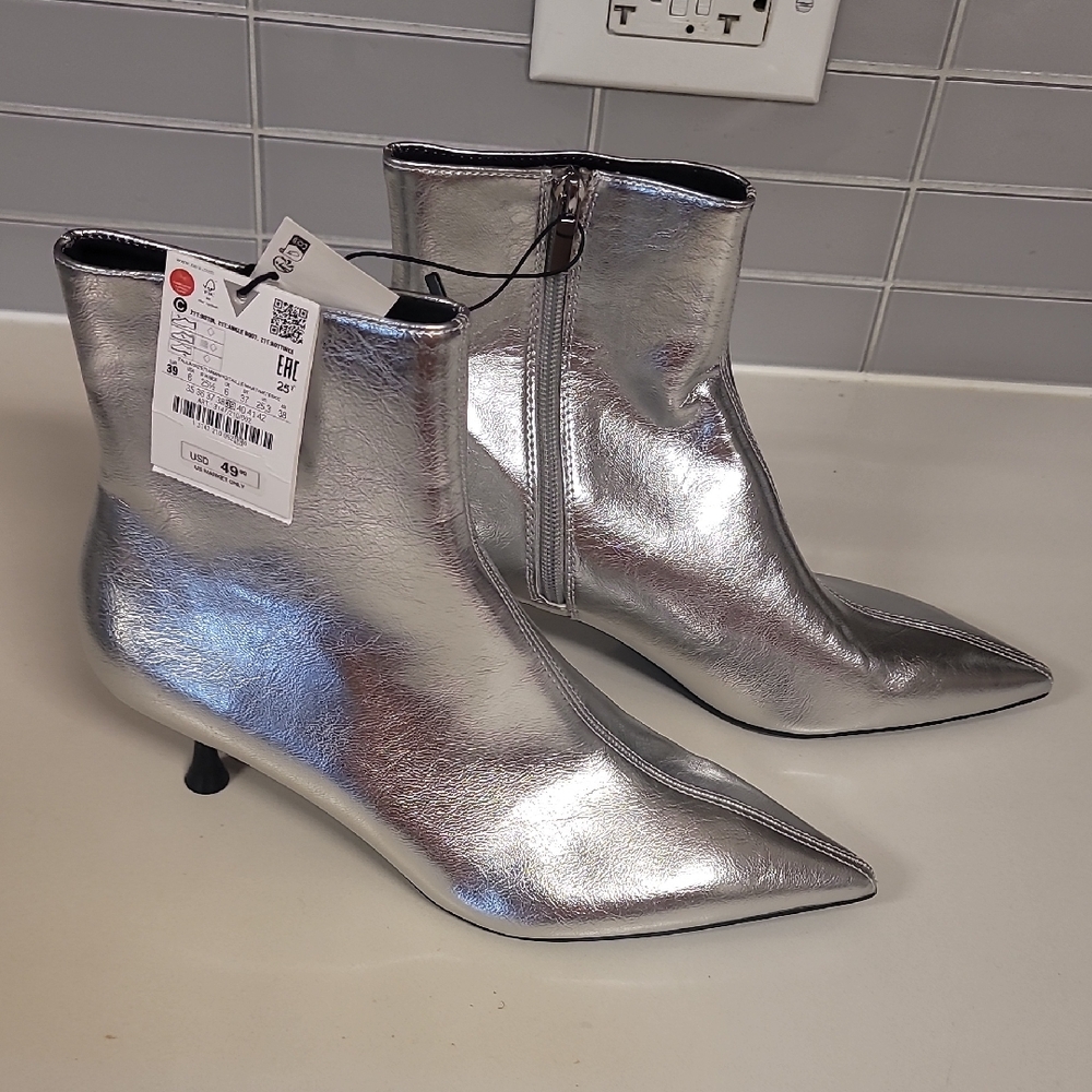 Zara Silver Kitten Heel Ankle Boot